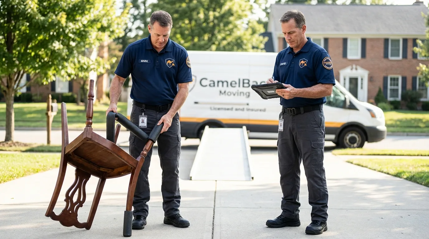 Movers inspecting furniture for damage prevention before loading in Clinton, MS