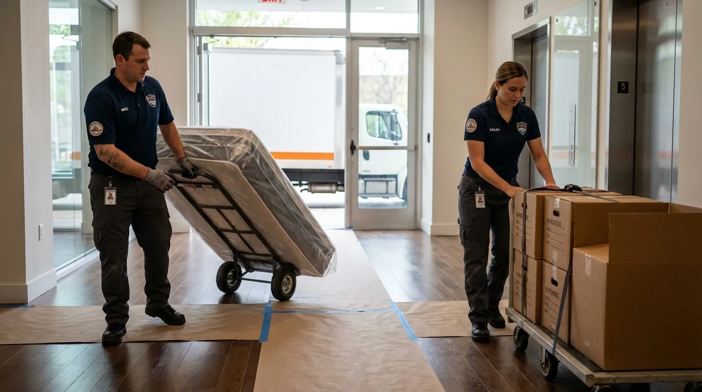Professional apartment movers loading elevator in Clinton, MS